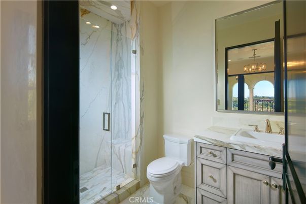 Bathroom, Glass Shower, Interior, Marble, Marble Walls, Recessed Lighting