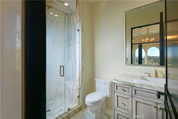 Bathroom, Glass Shower, Interior, Marble, Marble Walls, Recessed Lighting