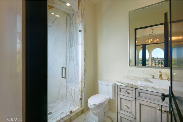 Bathroom, Glass Shower, Interior, Marble, Marble Walls, Recessed Lighting
