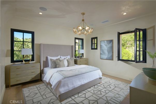 Bedroom, Interior, Pendant Lights, Recessed Lighting, Wood Texture Flooring