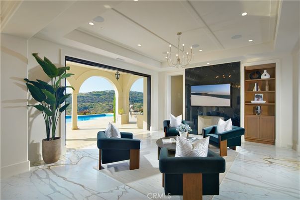 Fireplace, Interior, Living room, Marble, Recessed Lighting