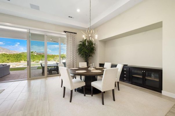 Dining room, Interior, Pendant Lights, Recessed Lighting, Wood Texture Flooring