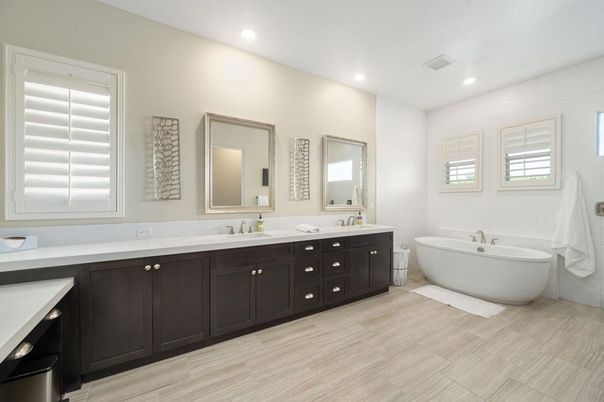 Bathroom, Dual Sink Vanities, Free Standing Baths, Interior, Recessed Lighting, Wood Texture Flooring