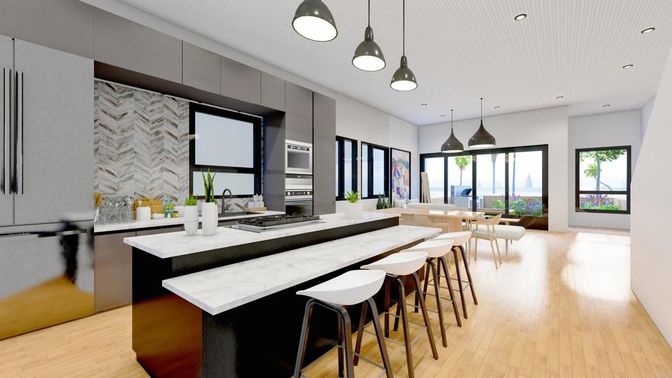 Dining room, Interior, Kitchen, Pendant Lights, Recessed Lighting, Stainless Steel Appliances, Wood Texture Flooring
