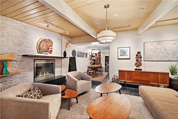 Dining room, Fireplace, Interior, Living room, Pendant Lights, Recessed Lighting, Stone Walls, Wooden Ceilings