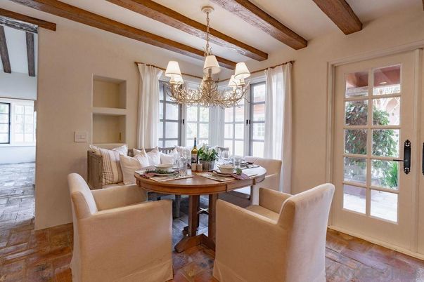 Chandelier, Dining room, Interior, Wooden Beams