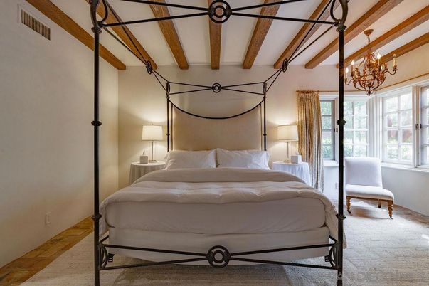 Bedroom, Chandelier, Interior, Wooden Beams, Wood Texture Flooring