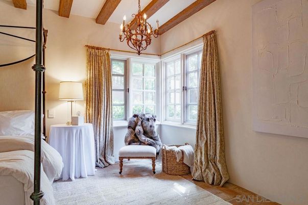 Bedroom, Chandelier, Interior, Wooden Beams, Wood Texture Flooring