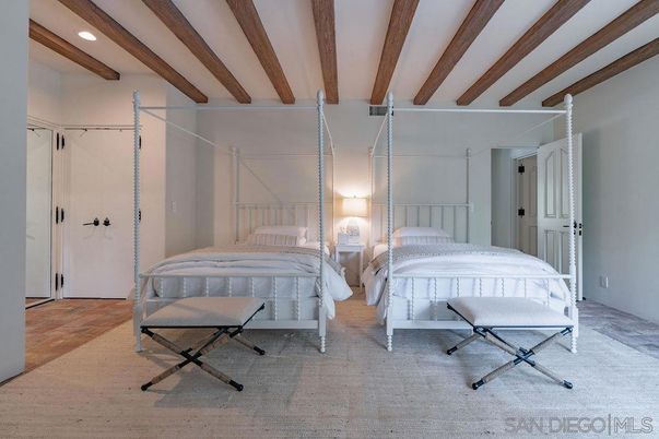 Bedroom, Interior, Recessed Lighting, Wooden Beams, Wood Texture Flooring