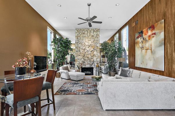 Dining room, Fireplace, Interior, Living room, Recessed Lighting, Stone Walls, Wooden Walls