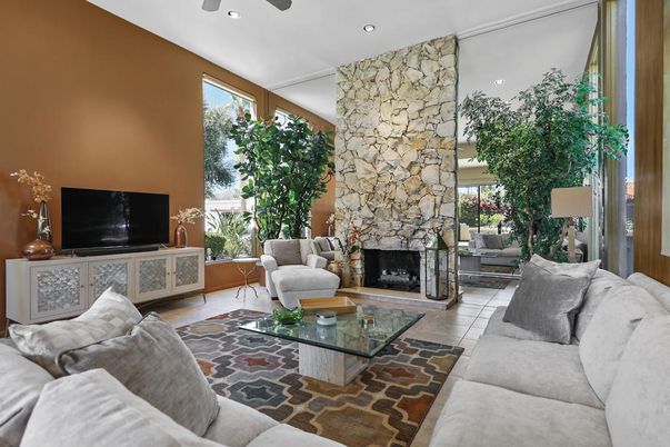 Fireplace, Interior, Living room, Recessed Lighting, Stone Walls
