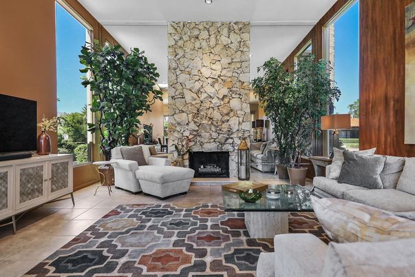 Fireplace, Interior, Living room, Recessed Lighting, Stone Walls