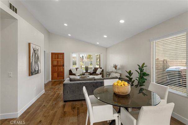 Dining room, Interior, Living room, Recessed Lighting, Wood Texture Flooring