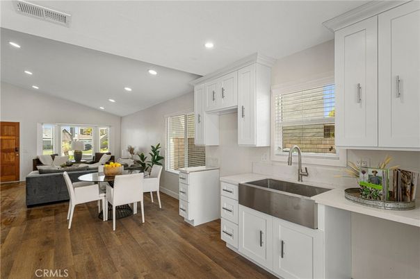 Dining room, Interior, Kitchen, Living room, Recessed Lighting, Wood Texture Flooring