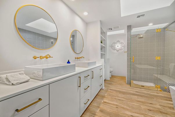 Bathroom, Dual Sink Vanities, Glass Shower, Interior, Recessed Lighting, Wood Texture Flooring