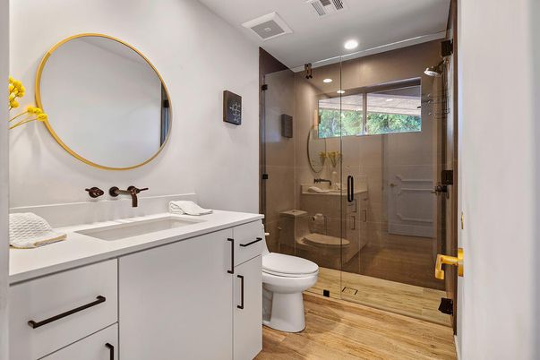 Bathroom, Glass Shower, Interior, Recessed Lighting, Wood Texture Flooring