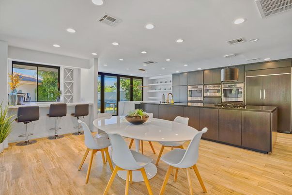 Dining room, Interior, Kitchen, Recessed Lighting, Stainless Steel Appliances, Wood Texture Flooring