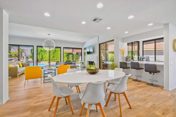 Dining room, Interior, Living room, Pendant Lights, Recessed Lighting, Water, Wood Texture Flooring