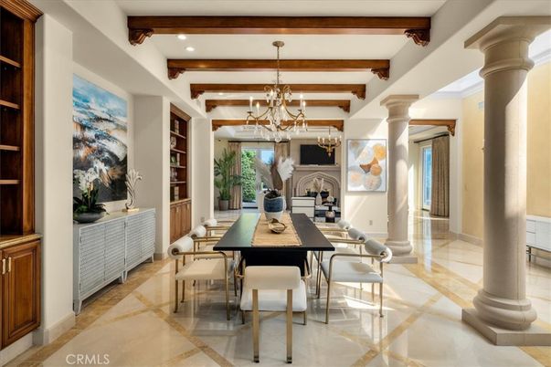 Chandelier, Dining room, Fireplace, Interior, Recessed Lighting, Wooden Beams
