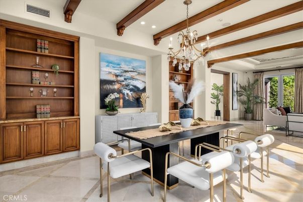 Chandelier, Dining room, Interior, Recessed Lighting, Wooden Beams