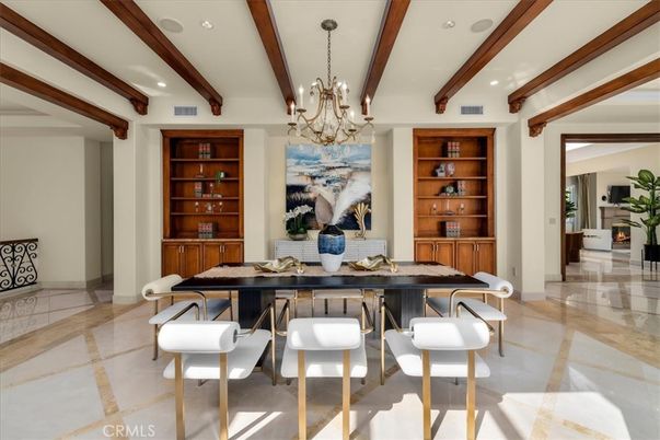 Chandelier, Dining room, Interior, Recessed Lighting, Wooden Beams