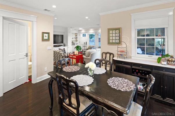 Dining room, Interior, Living room, Recessed Lighting, Wood Texture Flooring