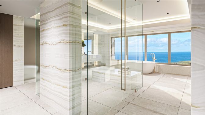 Bathroom, Free Standing Baths, Glass Shower, Interior, Recessed Lighting, Water