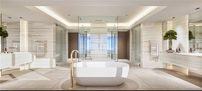Bathroom, Free Standing Baths, Glass Shower, Interior, Recessed Lighting