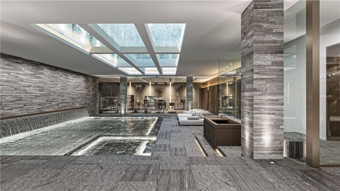 Interior, Living room, Pool, Recessed Lighting, Stone Walls