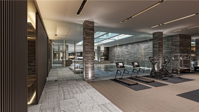 Fitness Equipment, Interior, Recessed Lighting, Wood Texture Flooring