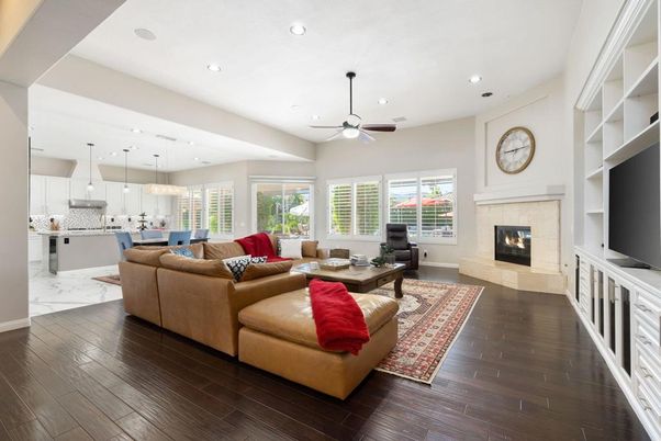 Fireplace, Interior, Kitchen, Living room, Marble, Pendant Lights, Recessed Lighting, Wood Texture Flooring