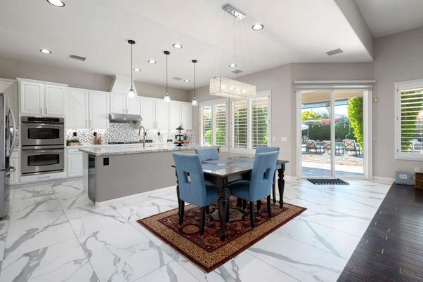 Dining room, Interior, Kitchen, Marble, Pendant Lights, Recessed Lighting, Stainless Steel Appliances
