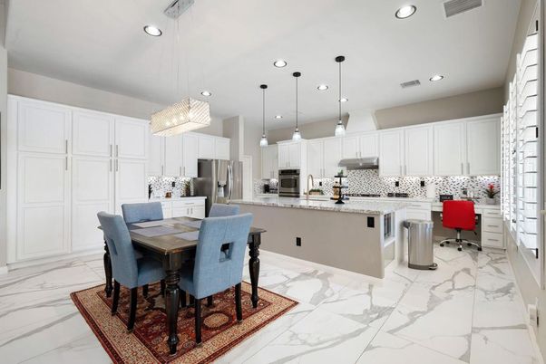 Dining room, Interior, Kitchen, Marble, Pendant Lights, Recessed Lighting, Stainless Steel Appliances