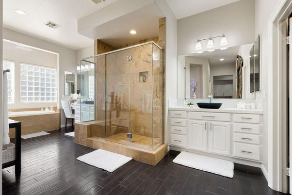 Bathroom, Glass Shower, Interior, Recessed Lighting, Wood Texture Flooring