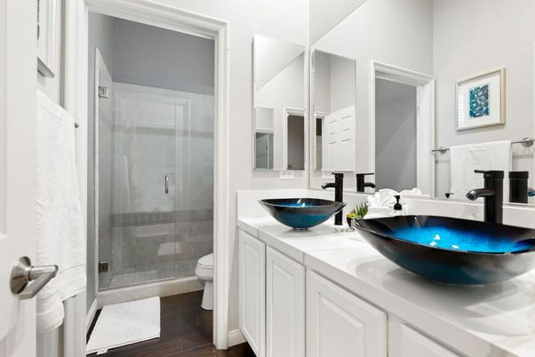 Bathroom, Dual Sink Vanities, Glass Shower, Interior, Wood Texture Flooring