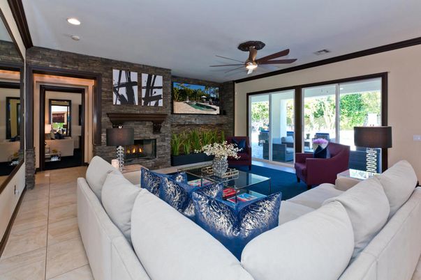 Fireplace, Interior, Living room, Recessed Lighting, Stone Walls