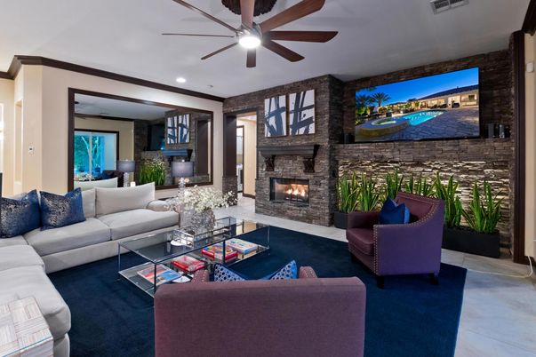 Fireplace, Interior, Living room, Recessed Lighting, Stone Walls
