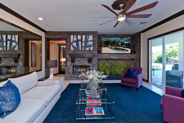 Fireplace, Interior, Living room, Recessed Lighting, Stone Walls