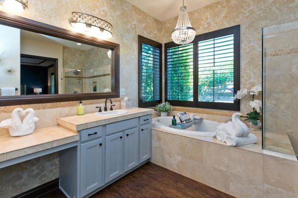 Bathroom, Dual Sink Vanities, Glass Shower, Interior, Pendant Lights, Wood Texture Flooring