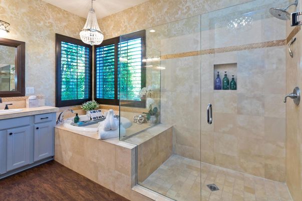Bathroom, Glass Shower, Interior, Pendant Lights, Wood Texture Flooring
