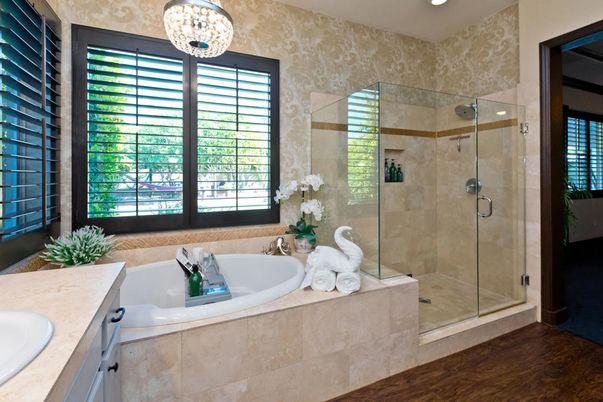 Bathroom, Glass Shower, Interior, Recessed Lighting, Wood Texture Flooring