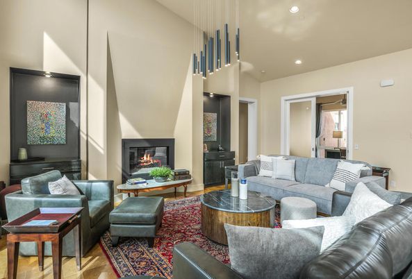 Fireplace, Interior, Living room, Pendant Lights, Recessed Lighting, Wood Texture Flooring