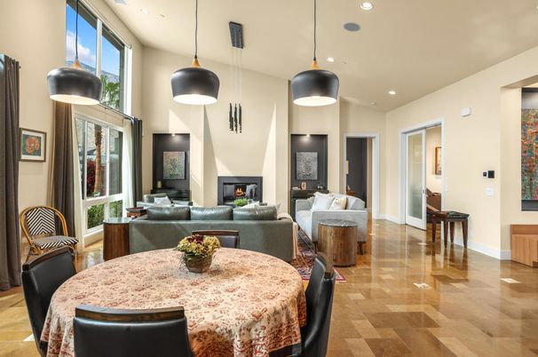 Dining room, Fireplace, Interior, Living room, Pendant Lights, Recessed Lighting