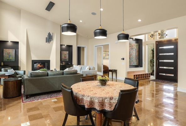 Dining room, Fireplace, Interior, Living room, Pendant Lights, Recessed Lighting