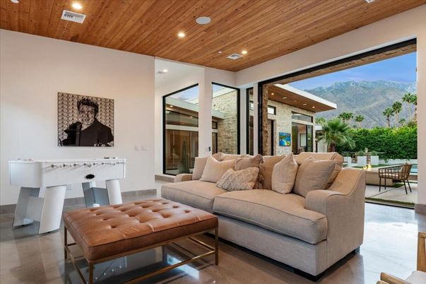 Interior, Living room, Recessed Lighting, Stone Walls, Wooden Ceilings