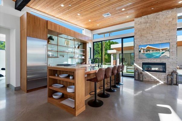 Fireplace, Interior, Recessed Lighting, Stone Walls, Wooden Ceilings