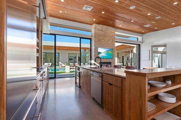 Interior, Kitchen, Recessed Lighting, Stainless Steel Appliances, Stone Walls, Wooden Ceilings