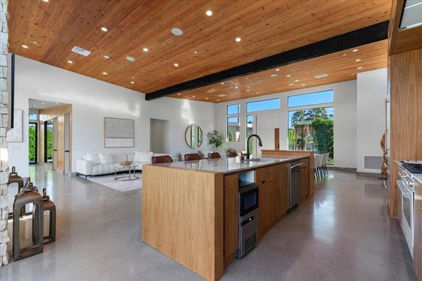 Interior, Kitchen, Living room, Recessed Lighting, Stainless Steel Appliances, Wooden Beams, Wooden Ceilings