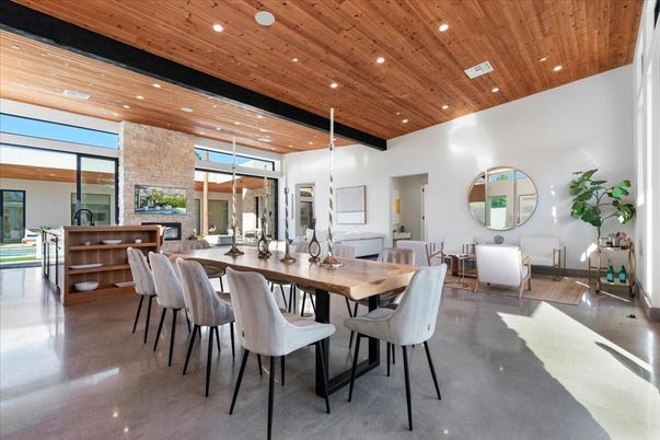 Dining room, Interior, Recessed Lighting, Stone Walls, Wooden Ceilings