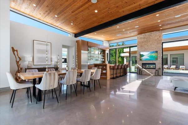 Dining room, Fireplace, Interior, Recessed Lighting, Stone Walls, Wooden Ceilings
